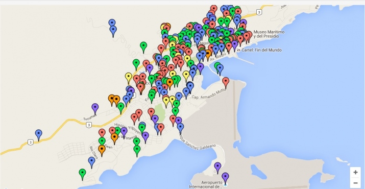 Localización de intervenciones en Ushuaia suministrada por base de datos del Registro RUBA (Registro Único de Bomberos Argentina).